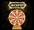 Gold realistic fortune wheel 3d object on dark background with jackpot text. lucky fortune wheel e vector