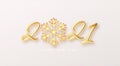 Gold realistic metallic text 2021 with golden snowflake. Vector illustration