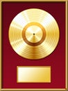 Gold record music disc award inside the golden frame with a red background. Royalty Free Stock Photo