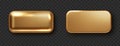 Gold rectangle button isolated. Golden design for empty emblem. Glossy golden metallic shape. 3D realistic vector shiny