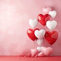 Gold and red balloons. Realistic rose 3d heart balloon. Helium balloon illustration on pink background. Royalty Free Stock Photo