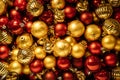 Gold and red balls decoration Christmas tree pattern. Christmas bright minimalistic