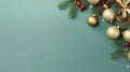 Gold and red Christmas ornaments, garland on pastel green background, top view, Christmas background. Generative AI Royalty Free Stock Photo