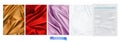 Gold and red fabric, violet curtain, white paper, transparent plastic package. 3d vector backgrounds