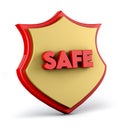 Gold and red shield with safe word isolated on white background. Shield security 3d render.