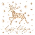 Gold Reindeer from ornament elements, Happy Holidays lettering, snowflakes. Line drawn. Merry Christmas. New Year. Template Royalty Free Stock Photo