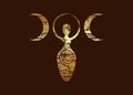 Gold Retro Vintage Wiccan Woman Logo triple moon goddess, spiral of fertility, Pagan Symbols, cycle of life, death and rebirth