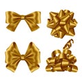 Gold ribbons and bows top view and side view set. Royalty Free Stock Photo