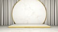 Gold-rimmed white marble podium stand mockup, modern minimalist style, showcase for product display