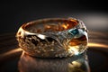 Gold ring with big gemstone and small diamonds on dark background, generative AI