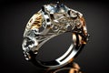 Gold ring with big and small diamonds on dark background, generative AI Royalty Free Stock Photo