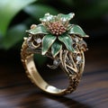 gold ring decorated with lily on a natural background of nature