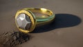 Gold ring with faceted stone and patterns on gray dry ground. A piece of jewelry lost in the desert. Generated AI.