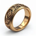 Gold Ring with Intricate Floral Etching on White Surface with Soft Shadow Royalty Free Stock Photo