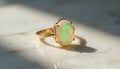 Gold ring with oval opal gemstone rests on marble surface. Natural light creates soft shadows, highlights iridescent flashes Royalty Free Stock Photo