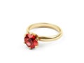 Gold ring with pink gemstone isolated on white. 3d rendering.