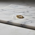 A gold ring placed on a white marble surface with subtle gray veining. Royalty Free Stock Photo