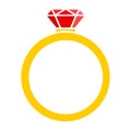 Gold ring with ruby stone silhouette. Vector illustration isolated on white