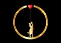Gold ring valentines day concept, romantic golden silhouette of loving couple with red heart shaped balloon. Valentine`s Day 14 Royalty Free Stock Photo