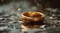 Gold Ring on Wet Surface with Raindrops, Symbolizing Wealth, Love and Timelessness in a Dramatic Setting.Generatie AI Royalty Free Stock Photo