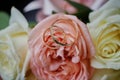 gold rings and a beautiful bridal bouquet of roses on the background. details  wedding traditions. close-up  macro Royalty Free Stock Photo