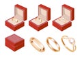 Gold rings with diamonds and red boxes isolated on white background Royalty Free Stock Photo