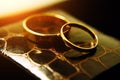 Gold rings of the newlyweds shine and reflect the light, close-up, blurred background. Abstract photo, wedding accessories