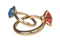 Gold rings with red and blue stones on a white background.