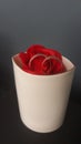 Gold rings red rose in porcelain vase. Black bacground. Royalty Free Stock Photo