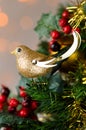 Gold robin and holly Christmas decorations. Royalty Free Stock Photo