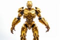 Gold robot that is standing on white surface with white background. Generative AI