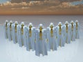 Gold robots in cloaks in surreal landscape Royalty Free Stock Photo