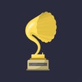 Gold rock star trophy music gramophone best entertainment win achievement clef and sound shiny golden melody success