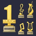 Gold rock star trophy music notes best entertainment win achievement clef and sound shiny golden melody success prize Royalty Free Stock Photo