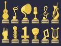 Gold rock star trophy music notes best entertainment win achievement clef and sound shiny golden melody success prize Royalty Free Stock Photo