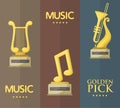 Gold rock star trophy music notes best entertainment win achievement clef and sound shiny golden melody success prize Royalty Free Stock Photo