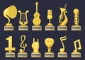 Gold rock star trophy music notes best entertainment win achievement clef and sound shiny golden yellow melody success Royalty Free Stock Photo