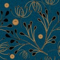 Gold ropes string floral 3d embroidery seamless pattern. Textured denim jeans background. Tapestry repeat vector backdrop. Stitch