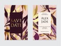 Gold, rose gold, dark violet and black palm tropical wedding card  template, artistic covers design. Gold foil elements.  Trendy Royalty Free Stock Photo