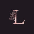 Gold Rose Flower Letter L Luxury Logo. Elegant alphabet monogram nature floral ornate initial letter design