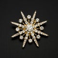 Gold round brooch with diamonds isolated on black