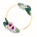 Gold round frame with hand painted watercolor tropical flowers and leaves. Royalty Free Stock Photo