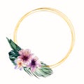 Gold round frame with hand painted watercolor tropical flowers and leaves. Royalty Free Stock Photo