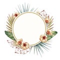 Gold round frame with watercolor and outline tropical leaves and flowers Royalty Free Stock Photo