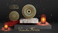 Gold round islamic pattern on marble stage. 3d greeting card design for Ramadan Kereem. Vector islamic lantern design