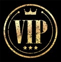 Gold round VIP grunge style rubber stamp icon with crown on a black background Royalty Free Stock Photo