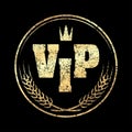 Gold round VIP grunge style rubber stamp icon with crown and spikes on a black background.