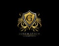 Gold Royal Shield G Letter Logo. Graceful Elegant gold shield icon design