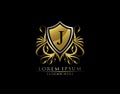 Gold Royal Shield J Letter Logo. Graceful Elegant gold shield icon design