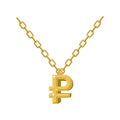 Gold ruble necklace decoration on chain. Expensive jewelry symbol of Russian money. Accessory precious yellow metal for Patriots.